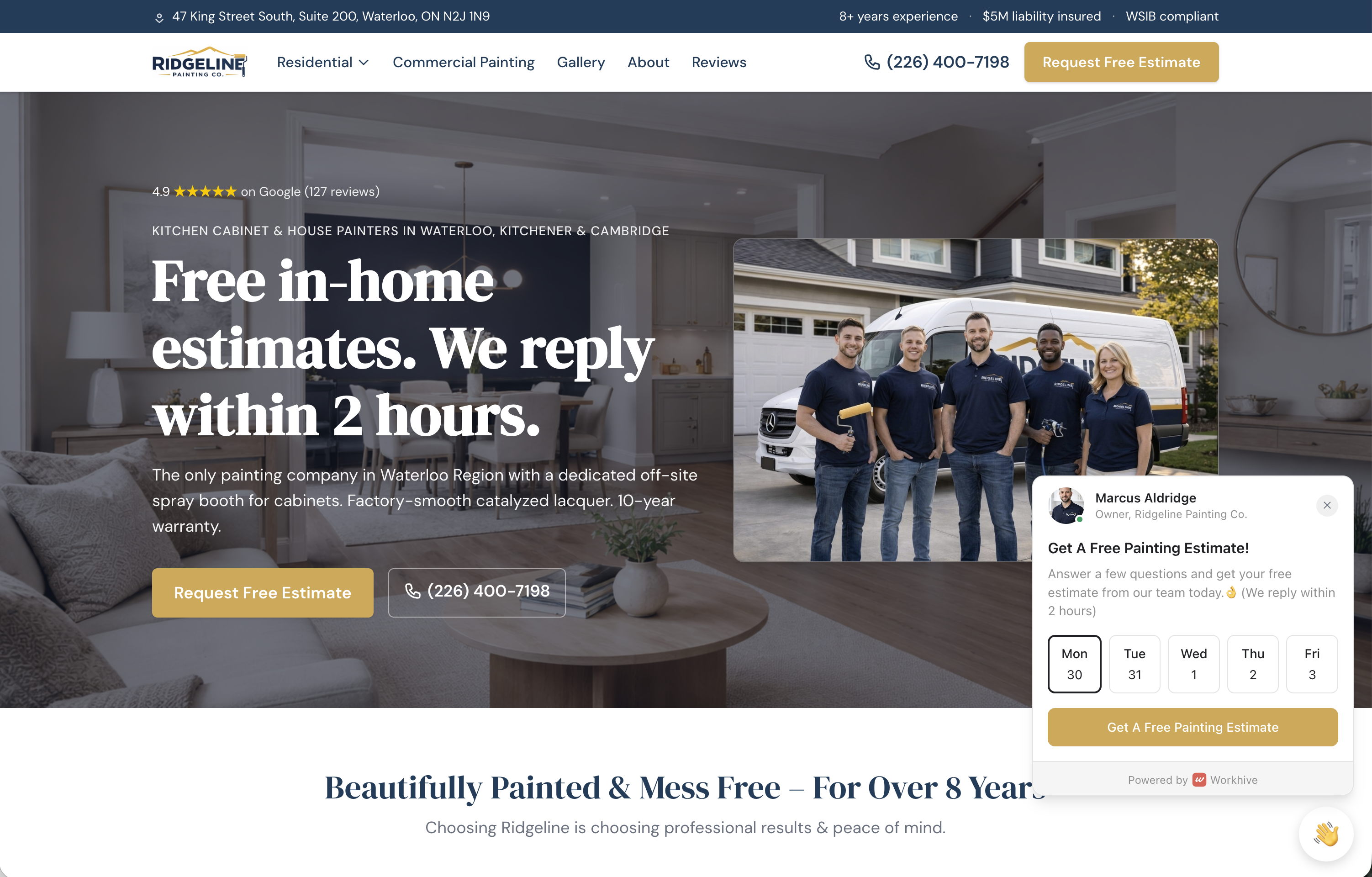 Example painting company website with estimate request and crew photo